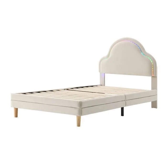 Lit simple enfant - Beige - 90x200 cm - Design nuage avec LED - Structure en bois - 1 place-4