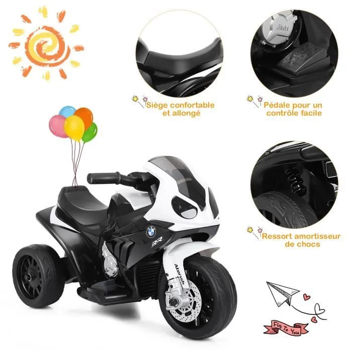 COSTWAY BMW Moto Electrique pour Enfants 6V/4Ah,3 Km/h avec Phare, Musiques 3 Roues 1,5-3 Ans Noir-1