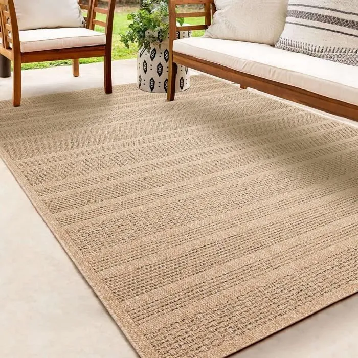 Tapis extérieur en jute Look à motif de lignes Look| 160x230 | pour le jardin ou terrasse | Rectangulaire-0