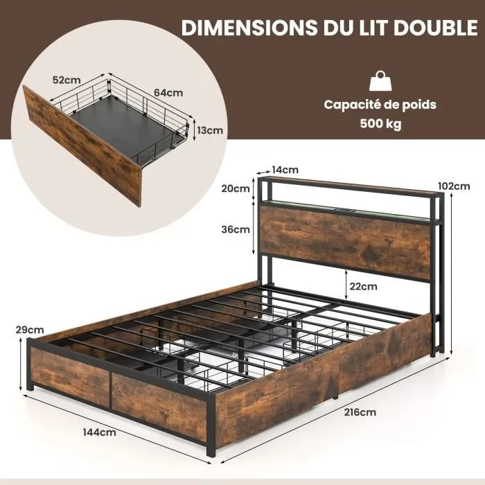 COSTWAY Lit Double Industriel pour Adulte 140x200CM - Contrôle par APP, Lumineuse LED, Bluetooth, Prise de Courant et 4 Tiroirs-2