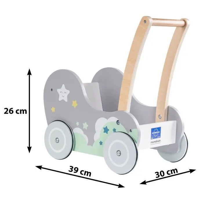 Mamabrum Trotteur Bébé en Bois Chariot de Marche Poussoir Pousse 26x 30 x 39 CM Roues Caoutchouc Antidérapant Intérieur Extérieur CE-2