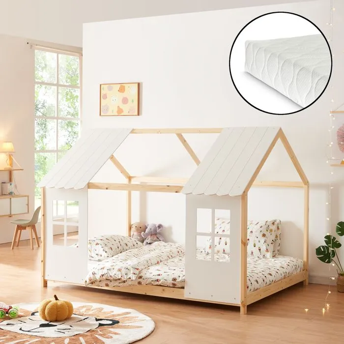 Lit cabane Tostedt pour enfant 120 x 200 cm avec matelas sommier à lattes bois de pin naturel blanc [en.casa]-0