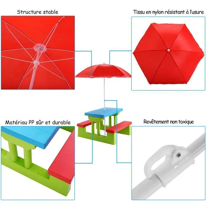 COSTWAY Salon de Jardin pour Enfant Table et 2 Bancs avec Parasol pour Pique-nique Jusqu'à 4 Enfants Vert+Rouge+Bleu-2