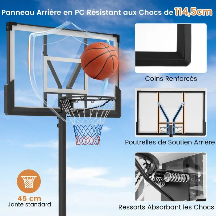 Panier de Basketball sur Pied COSTWAY-Hauteur Réglable 125-305cm-Panneau Arrière-Base Remplissable-2 Filets-pour Piscine, Jardin-3