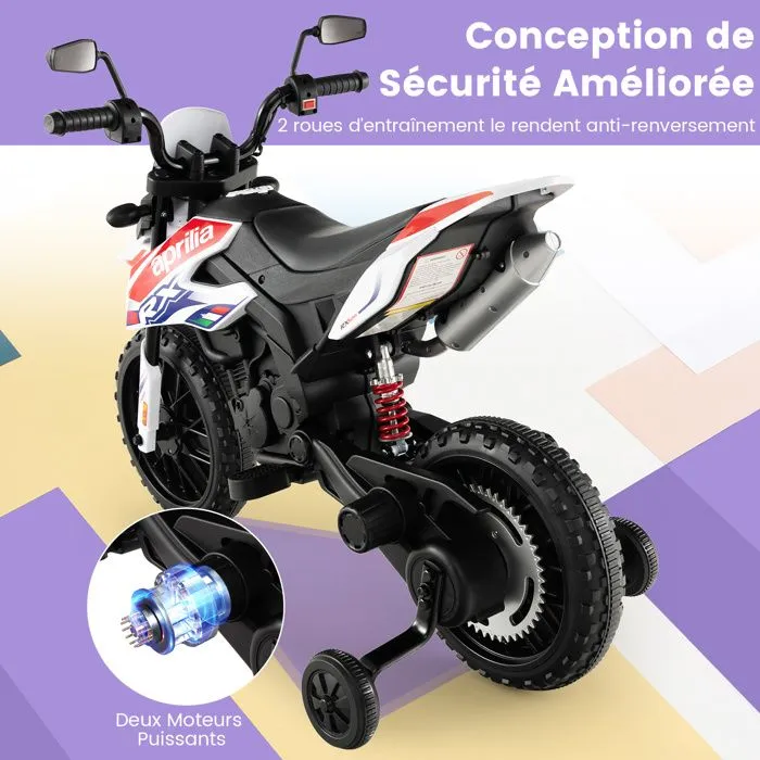 APRILIA Moto Électrique Enfant, Moto-cross (RX125) 12V 7AH, 2 Moteur - 5,5 à 6 km/h, Phares Klaxon, Musiques, USB, 3 à 8 Ans, Blanc-3