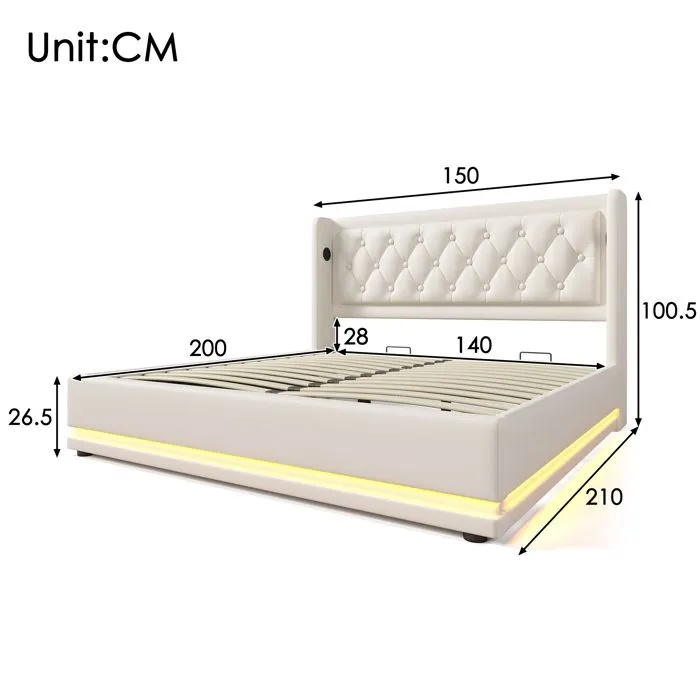 Lit coffre capitonné - Blanc - 140x200 cm - Similicuir - USB et Type-C - LED multicolore-3