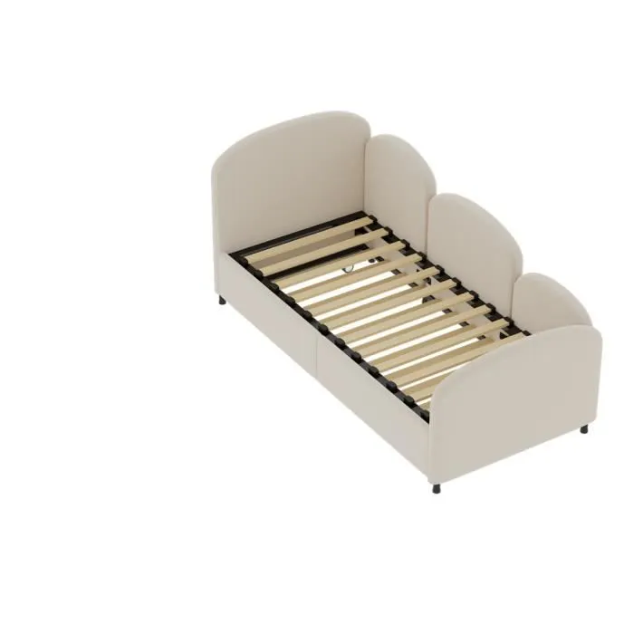 Lit gigogne - Enfant - 90x200 cm - Velours beige - 2 places - Avec tiroirs-2