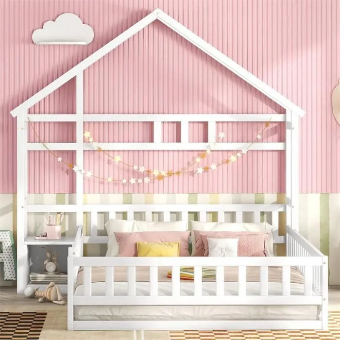 Lit cabane - DREAMMESPACE - 140x200 cm - Bois massif - Blanc - Avec chevets-1