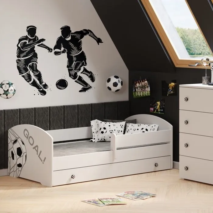 Lit enfant LUK 80x160 avec matelas sommier et tiroir, barrière de sécurité Blanc - football-0