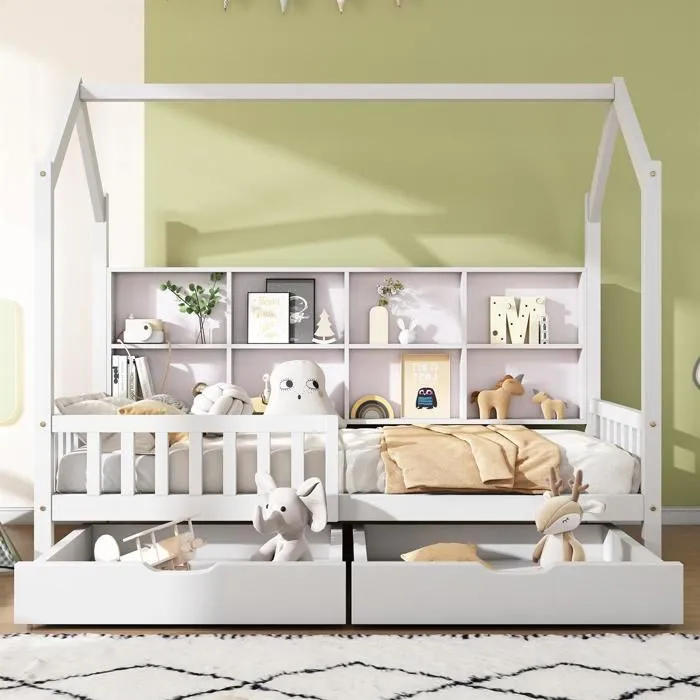 Lit d'enfant - Scandinave - 90x200 cm - Bois massif - Bibliothèque intégrée - 2 tiroirs-1