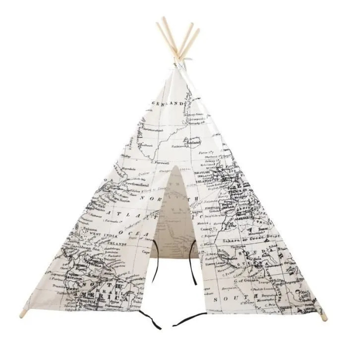 Tente Tipi pour Enfants SUNNY - Carte du monde en noir et blanc - 120x120 cm-2
