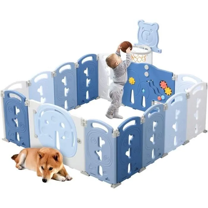 Parc Bébé Enfant 12+2 Panneaux Modulable avec Panier de Basket Parc Bebe XL Pliable pour Intérieur et Extérieur Parc en Plastique-0