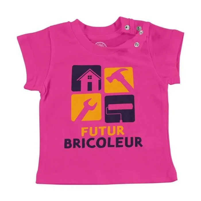 T-shirt Bébé Manche Courte Rose Futur Bricoleur Métier Manuel Maison-0