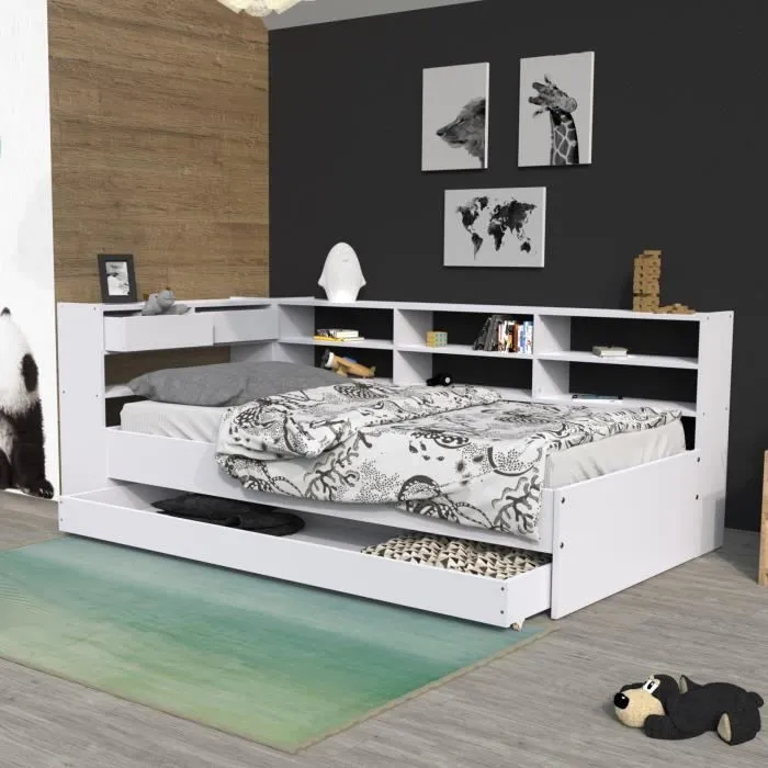 Lit enfant contemporain blanc laqué - WEBER INDUSTRIES - ROLLER - Avec tiroirs - A lattes - 1 place-0