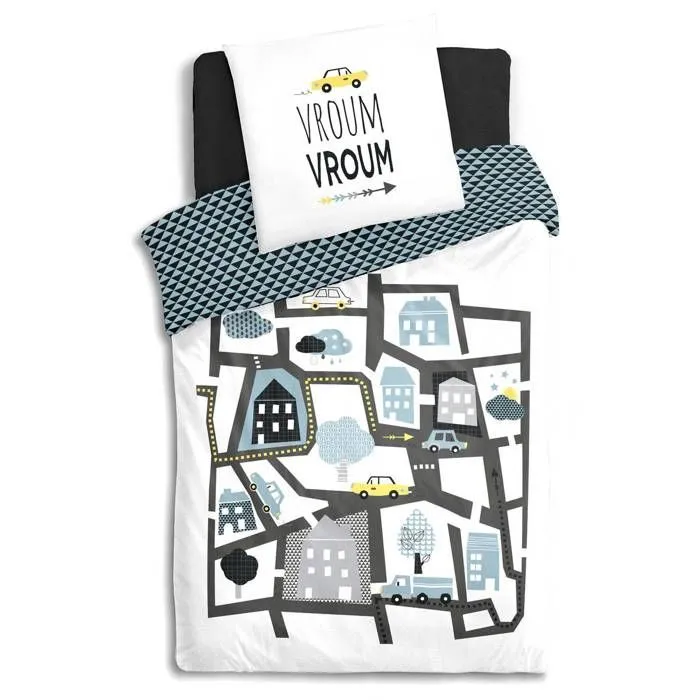 Parure de lit - Atmosphera - Route - Housse de couette 140x200 cm - Taie 65x65 cm - Coton gris-1