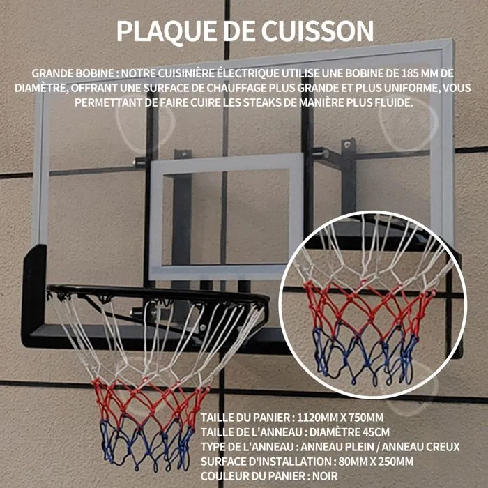 C Panier de basket 112x72 cm taille du panneau de basket montage mural panneau de basket suspendu avec vis plaque d'acier PVC noir-1