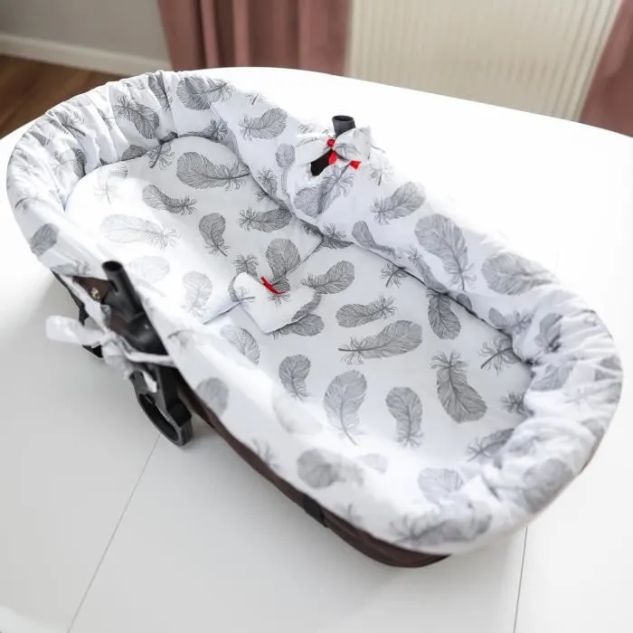 Housse pour nid de bain bébé ensemble d'accessoires de poussette 3 pièces avec oreiller et matelas coton plumes grises-3