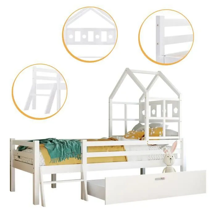 Lit cabane enfant 90x200cm avec échelle et tiroirs, bois massif, Blanc-1