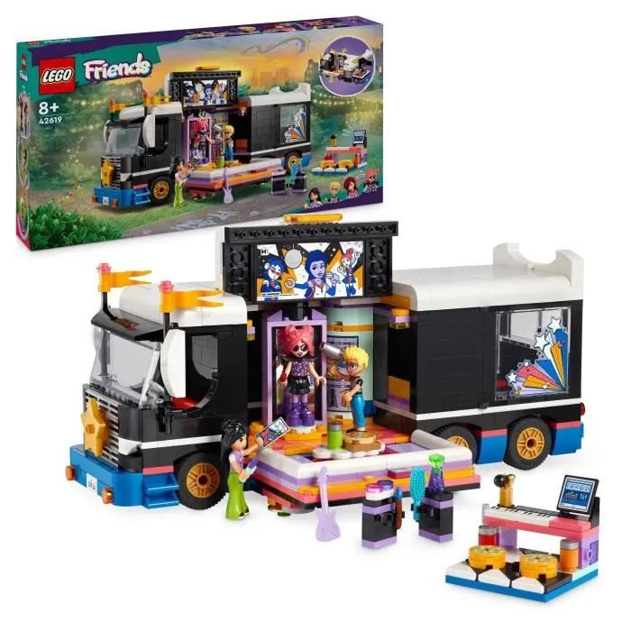 LEGO® 42619 Friends Le Tourbus de la Star de la Pop, Jouet Musical avec 4 Mini-Poupées, Cadeau pour Enfants Dès 8 Ans-0