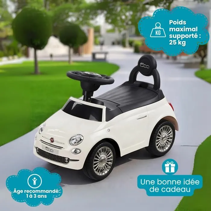 DEVESSPORT Porteur Enfant Fiat 500 Blanc, Licence Officielle, Volant Sons & Musique, Siège Coffre, Idéal 1-3 Ans-4
