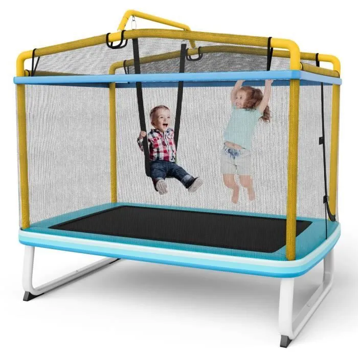 COSTWAY Trampoline pour Enfants Rectangulaire 190 x 124 cm 3 en 1 avec Balançoire,Barre Horizontale,Filet d'Enceinte 100kg Jaune-0