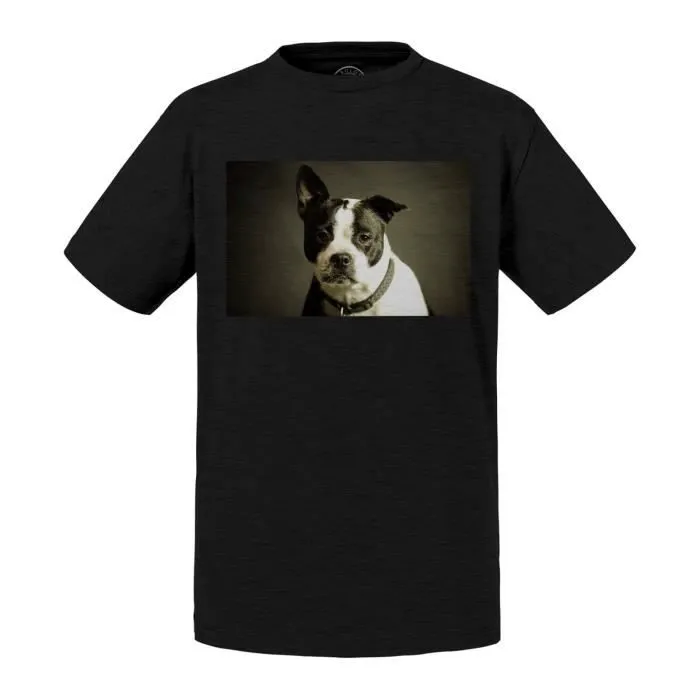 T-shirt Enfant Gris Portrait Bulldog Noir et Blanc Mignon Chien Domestique-0