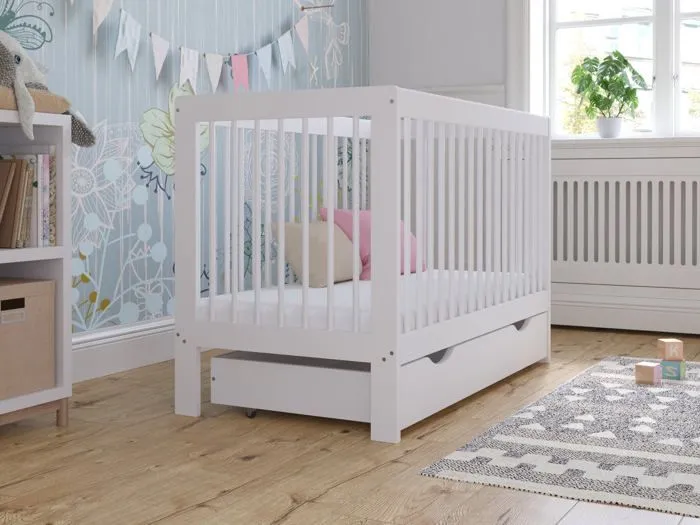 Lit Bebe Evolutif avec tiroir en Bois Pin Blanc 120x60cm, Transformable en Un Canapé-lit avec Une Barrière de Sécurité-3