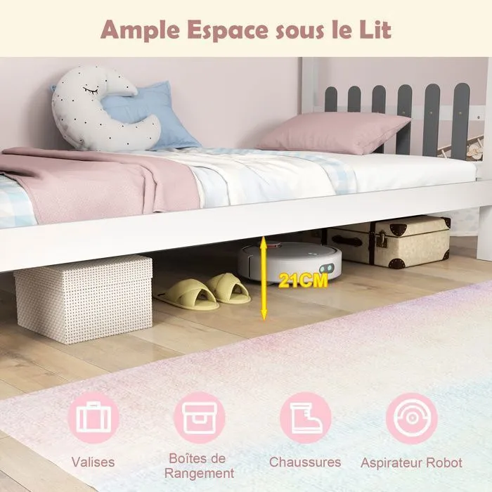 COSTWAY Lit Simple 200 x 90 cm avec Bureau, Lit Plateforme avec Crochets et Tiroirs, 18 Lattes en Bois, Structure de Lit Blanc Gris-4