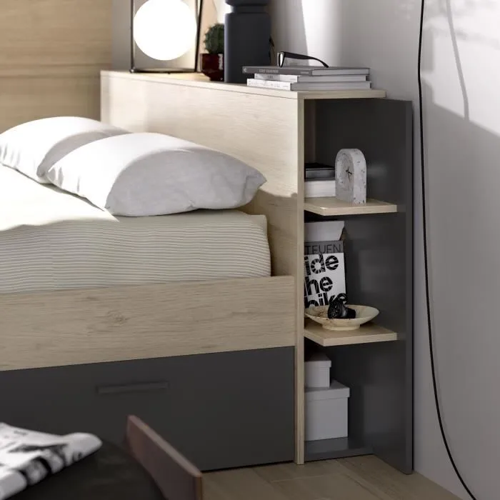 SAX Lit adulte - 160x200 cm - 3 tiroirs + Tête de lit avec rangement - Décor chêne et anthracite-3