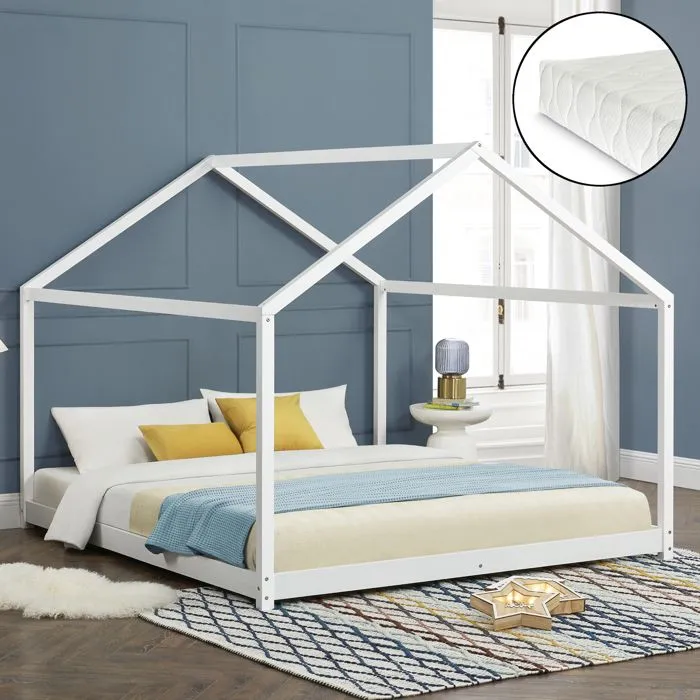Lit cabane pour enfant Cerro avec sommier à lattes matelas 200 x 160 cm pin blanc mat laqué [en.casa]-0