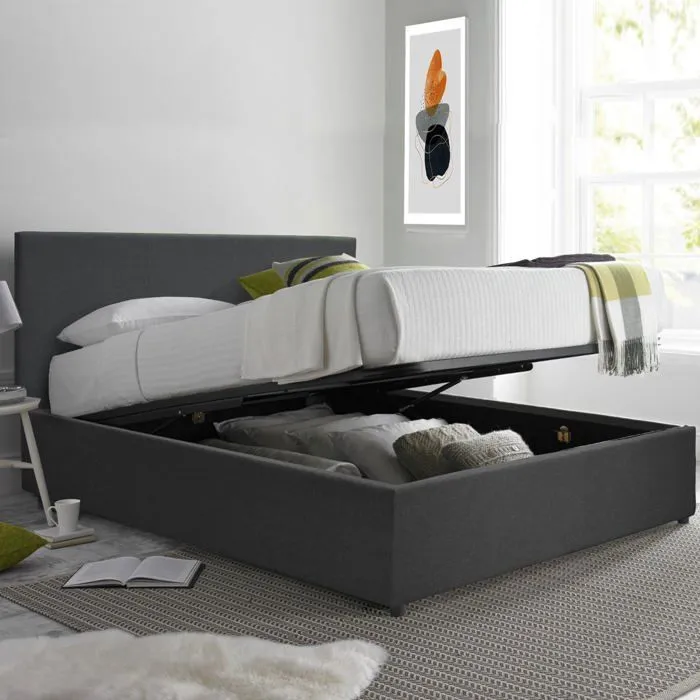 Lit Coffre Prestige 140 x 190 by Sampur | Tissu Gris foncé | Sommier à Lattes en Bois + Tête de Lit inclus - Design Moderne-0