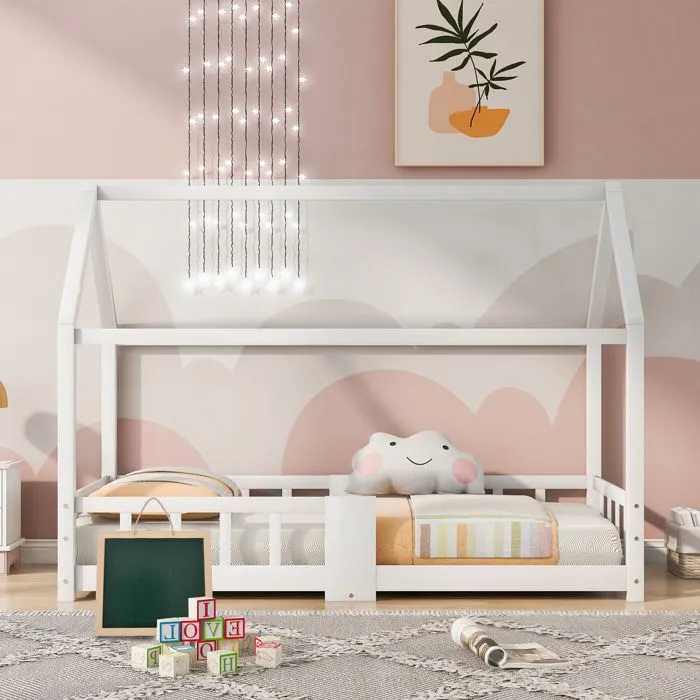 Lit cabane enfant 90x200 cm avec grille de protection + un tableau noir, en bois massif blanc-0