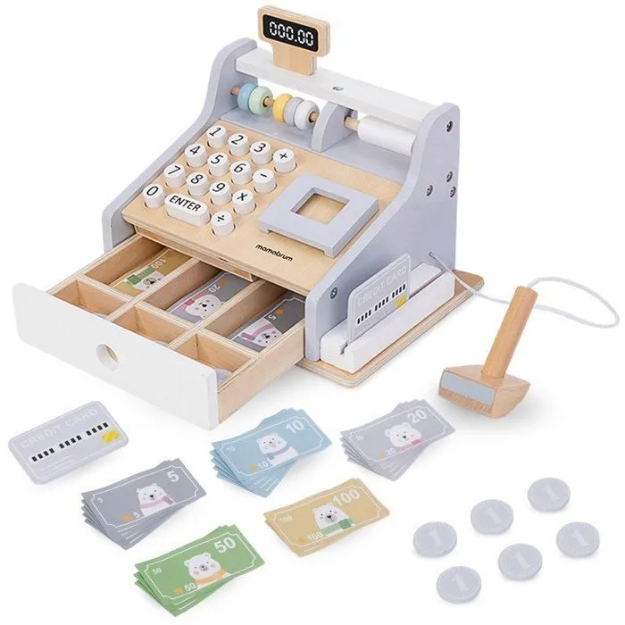 Caisse Enregistreuse Enfant +3 ans Mamabrum - Équipée de Clavier Numérique, boulier, Scanner, Terminal et Pièces de monnaie en Bois-4