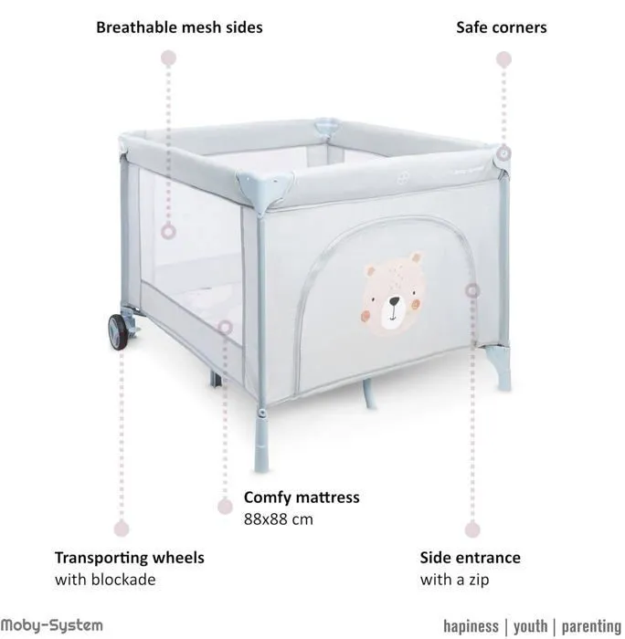 Moby-System Parc Bébé Pliable avec Matelas et Sac de Transport 97x100x77 cm- Lit Parapluie- Roues verrouillables- Antidérapant-2