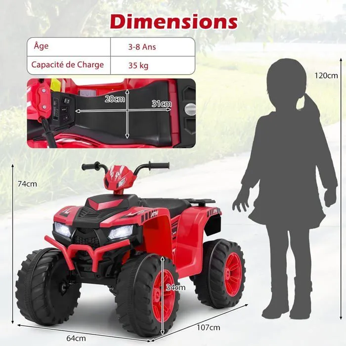 COSTWAY Quad Électrique 24V pour Enfants, avec LED, Musique, Radio, Démarrage en Douceur, pour Différents Terrains, 3 à 8 Ans, Rouge-5