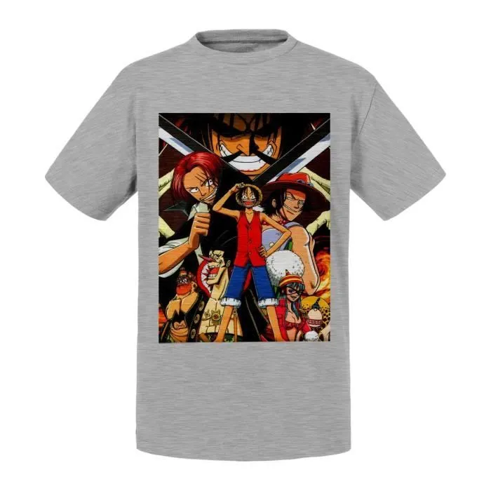 T-shirt Enfant Gris Luffy Shank Ace Gold Roger One Piece Manga-0
