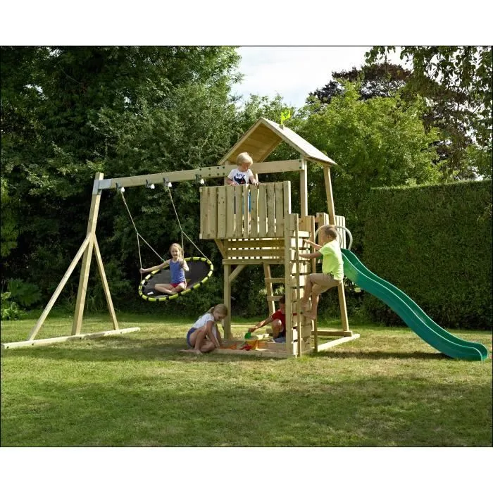 Aire De Jeux Bois Kingswood Tp Toys Tour / Echelle / Plateforme / Bac A Sable / Toboggan / Balancoire / Fauteuil Bebe H.306 Cm-1