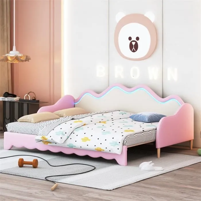 Lit gigogne - Simili cuir - 90x190 cm - Éclairage LED - 2 places - Rose-0