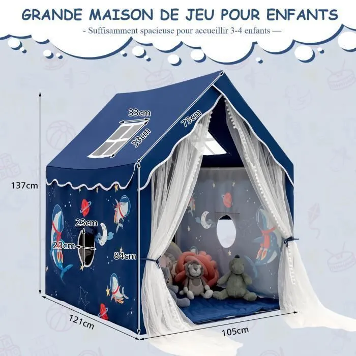 COSTWAY Tente de Jeux pour Enfants Intérieur, Cabane avec Fenêtres en Maille Respirante pour Enfants plus de 1 Ans Bleu-2