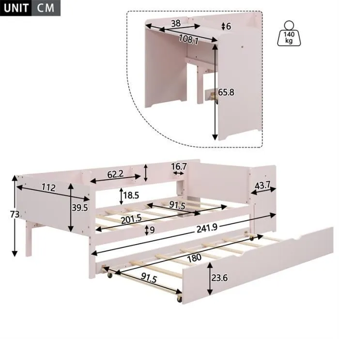 Lit gigogne 90x200cm+90x180cm, avec petit bureau, trois étagères sur le côté du lit, rose-3