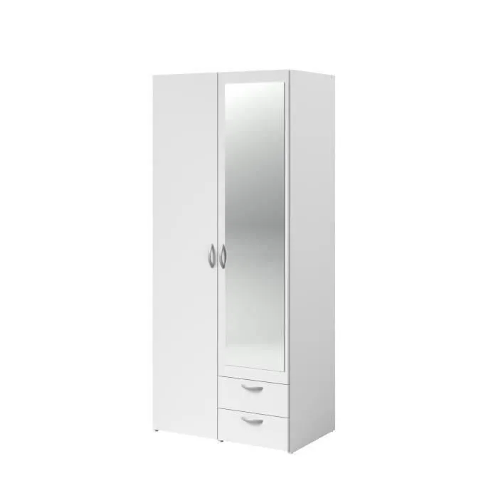 Armoire VARIA - Décor blanc - 2 portes battantes + 1 miroir + 2 tiroirs - L 81 x H 185 x P 51 cm - PARISOT-5
