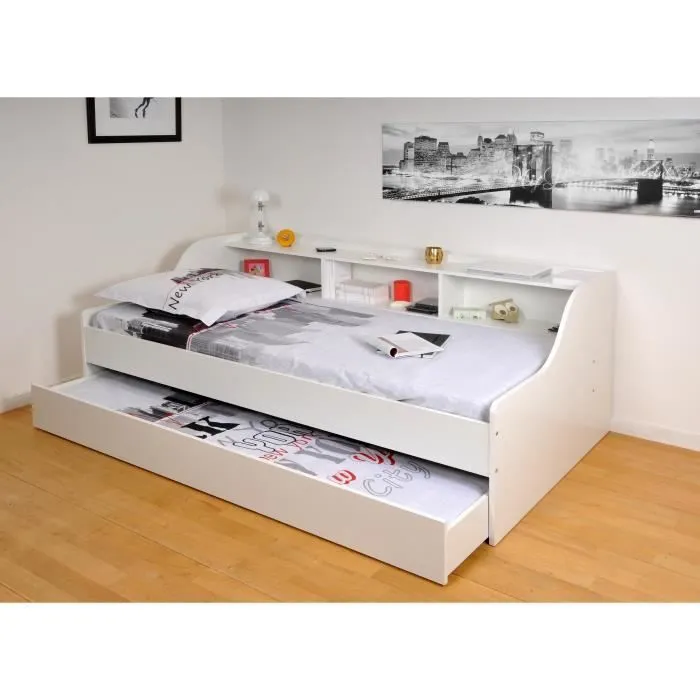Lit enfant PALMA - WEBER INDUSTRIES - Contemporain - Mélaminé blanc - Avec tiroir lit et étagères intégrés-1