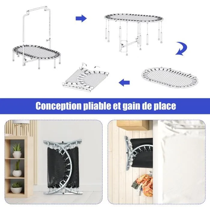 COSTWAY Trampoline Enfants Pliable Intérieur/Extérieur avec Main Courante Ajustable Coussin Tapis de Saut Charge 150kg Bleu-1