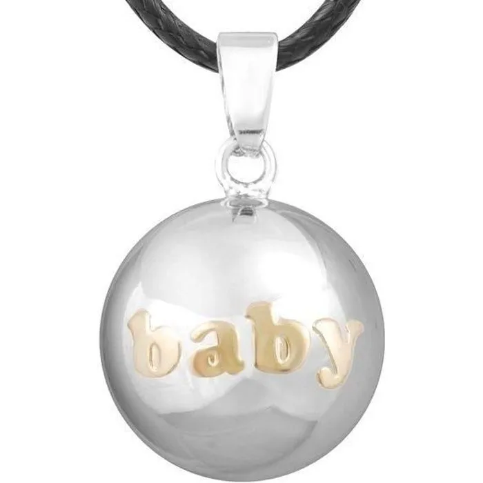 Bola de grossesse boule argenté inscription dorée baby * Longueur collier : 114 cm * Matière collier : Cuir ciré * Matière-0