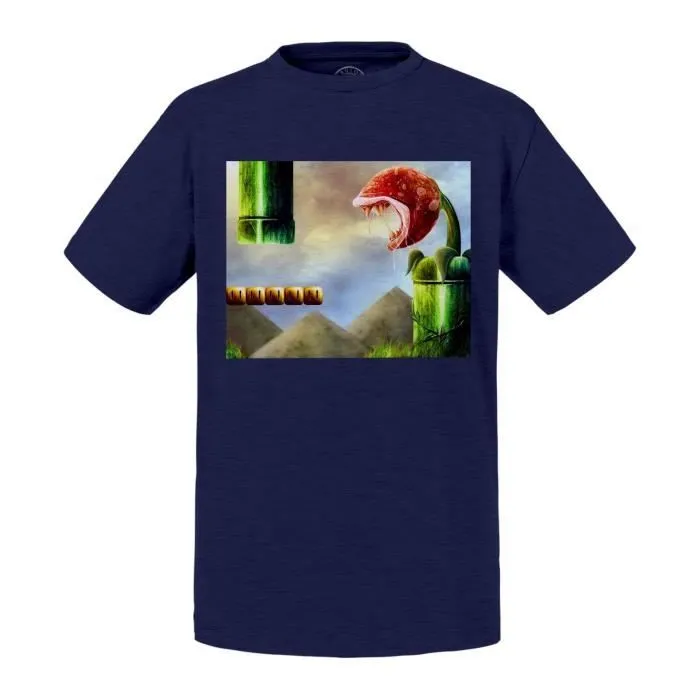 T-shirt Enfant Bleu Mario Niveaux Sanglants Jeux Video Plates Formes-0