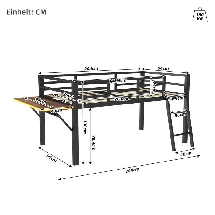 Lit mezzanine enfant - DREAMMESPACE - 90x200 cm - Métal Noir - Bureau pliable - LED télécommandé-3