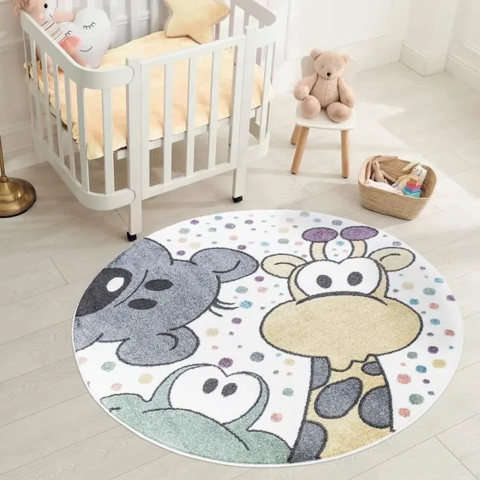 Tapis enfant rond IMAGINE - Animaux Drôle - 120x120cm - Polypropylène Frisé - Jute Antidérapante-1
