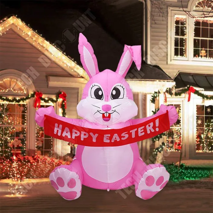 TD® Lapin de Pâques gonflable 1.5m Fête extérieure Pink Cute Bunny LED Light Up Inflatable Patio Lawn Garden Decoration-3