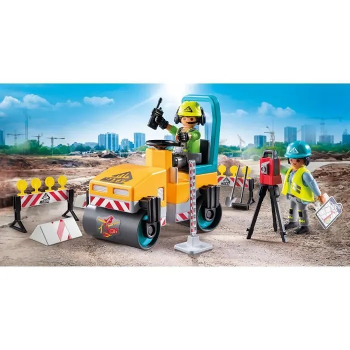 PLAYMOBIL 71751 Ouvriers avec rouleau compresseur et signalisation, Action Heroes, La construction, 43 pièces, Dès 4 ans-1