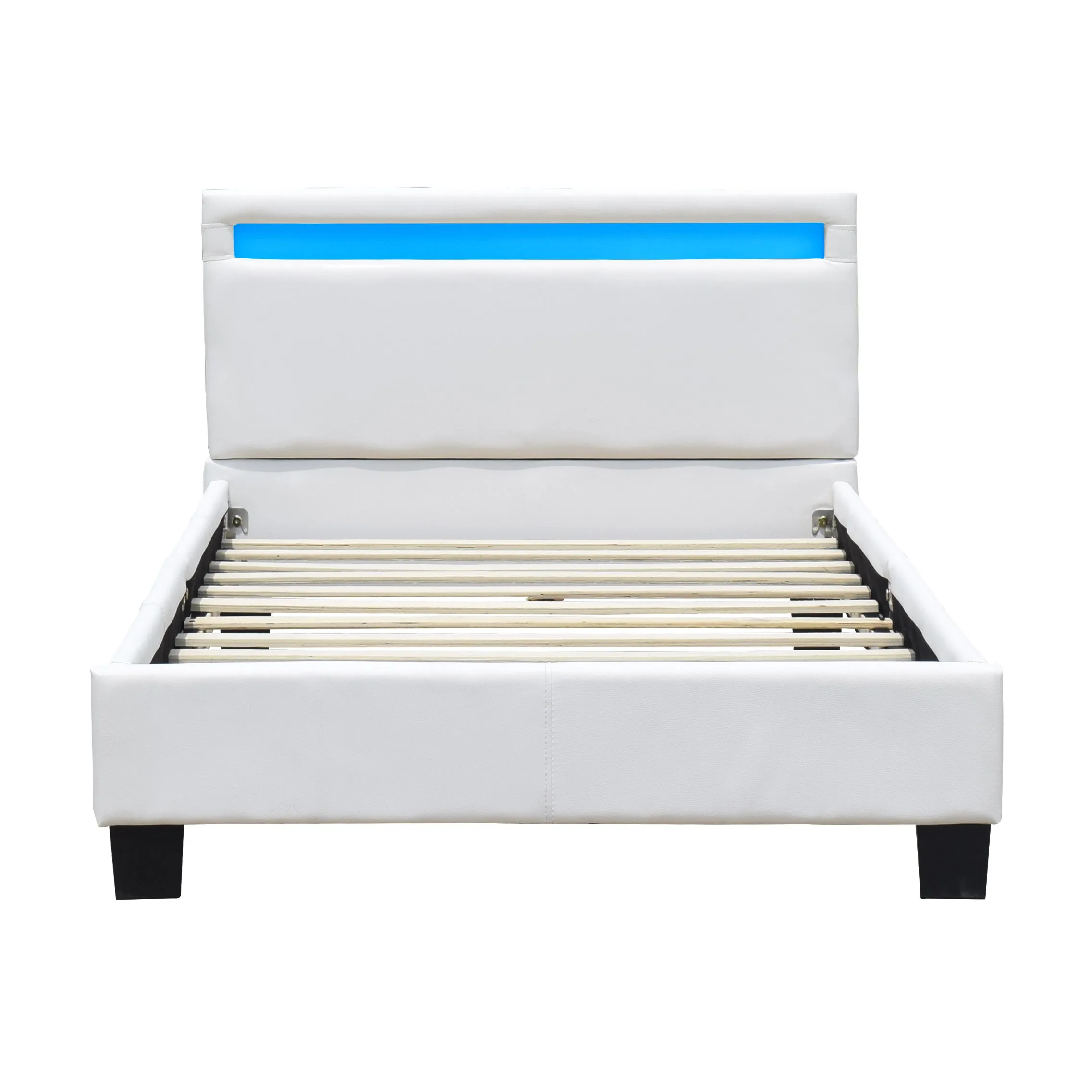 Lit simple en placage MDF massif - - Angel - Sommier lattes - Blanc - Tte de lit avec clairage LED-2